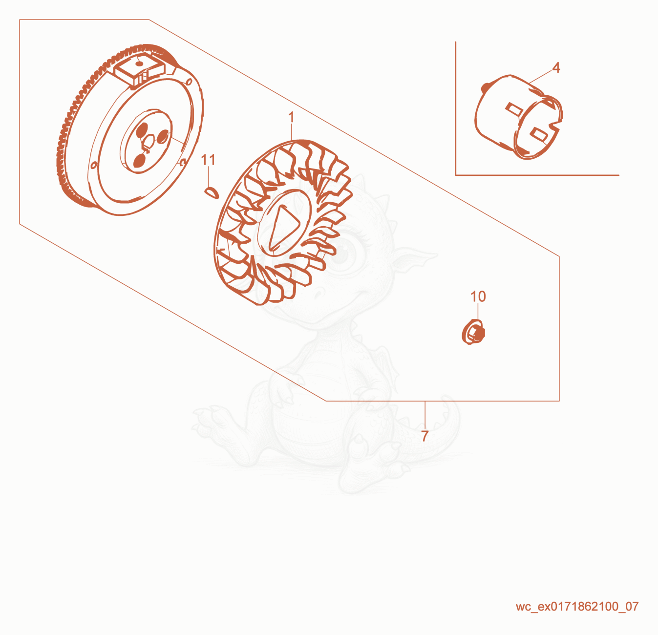 Despiece del Flywheel de una máquina Wacker Neuson GV5600A, con globos numerados