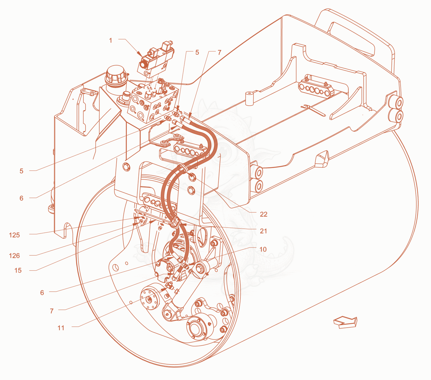 Exploded parts diagram of the edge pressing and cutting device of a Wacker Neuson RD45-140, with numbered balloons