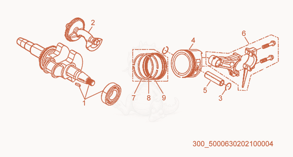 Exploded parts diagram of the Crankshaft/Piston of a Wacker Neuson MG5SD, with numbered balloons