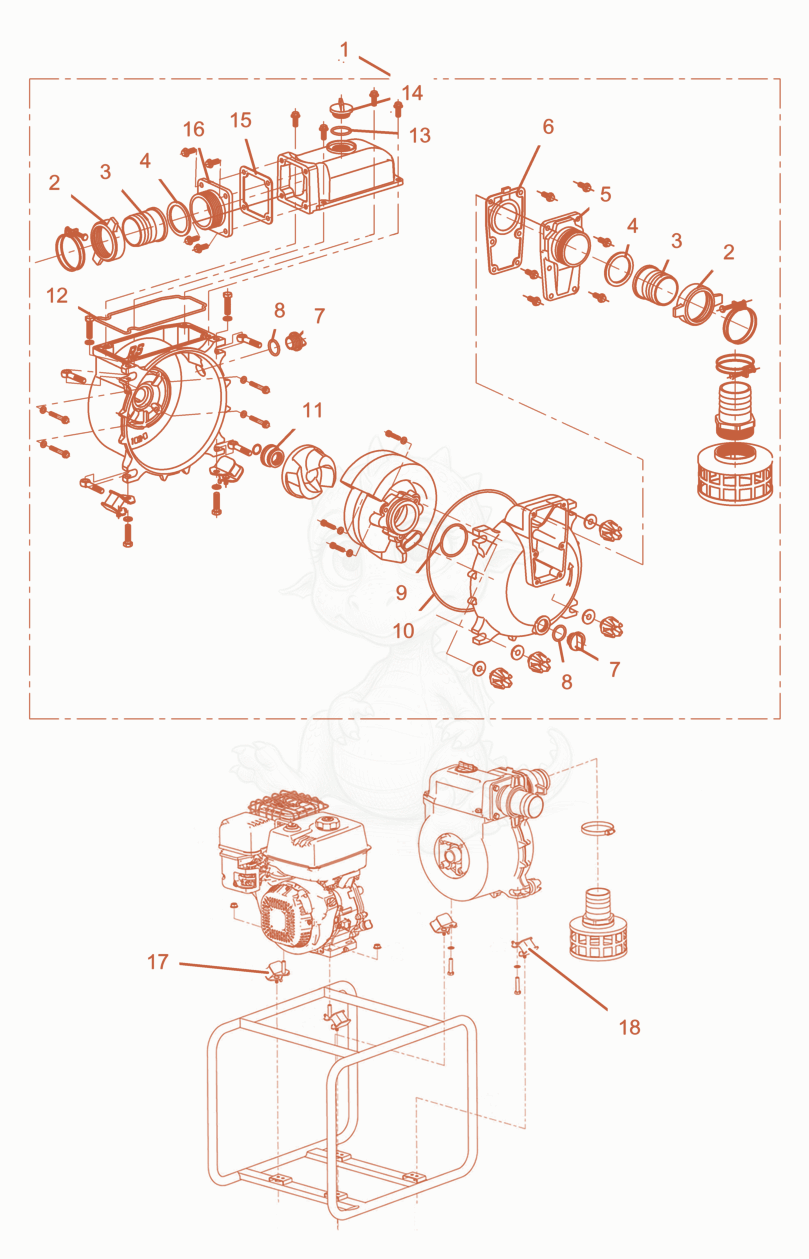 Exploded parts diagram of the Water Pump cpl. of a Wacker Neuson MDP3-CN, with numbered balloons