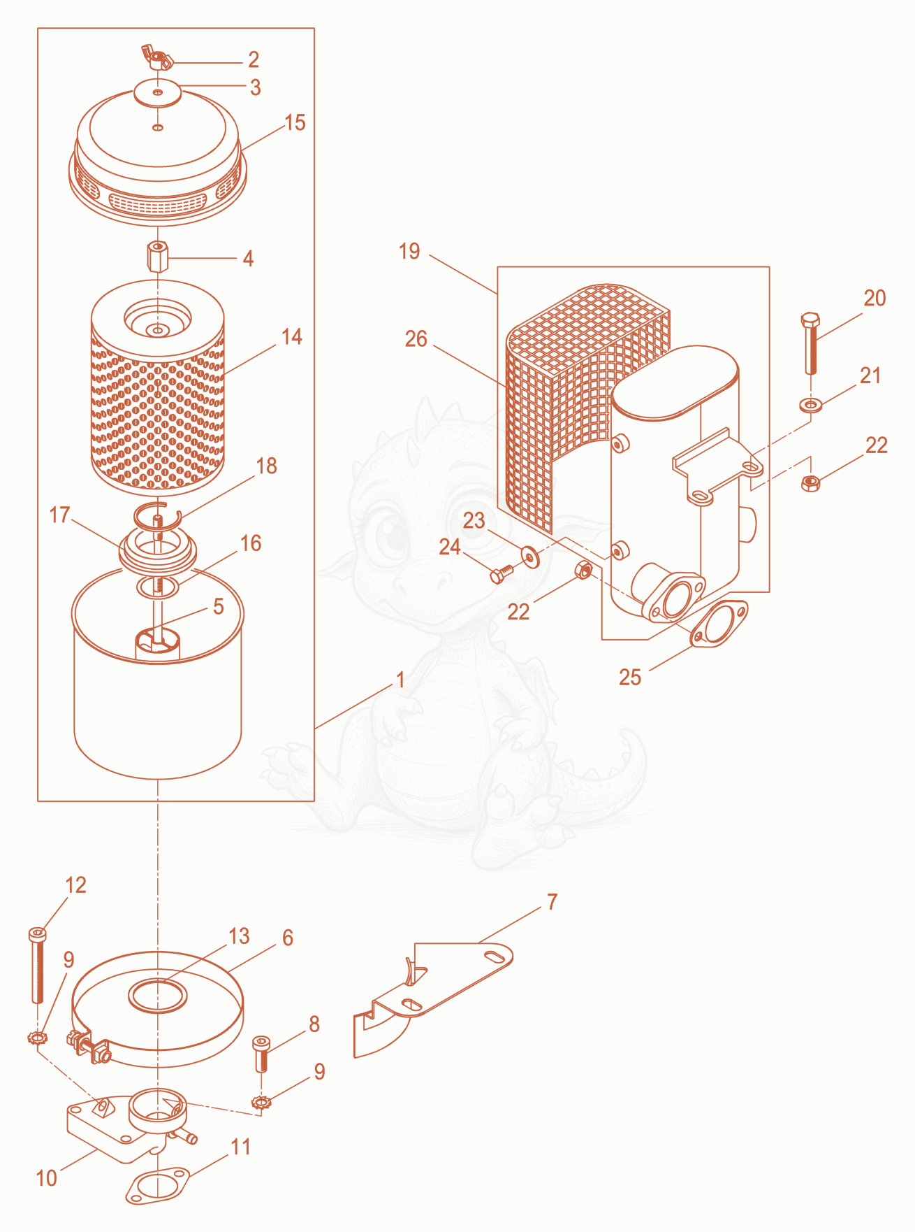 Despiece del Air Filter-dry cpl. de una máquina Wacker Neuson DPU7060RC, con globos numerados