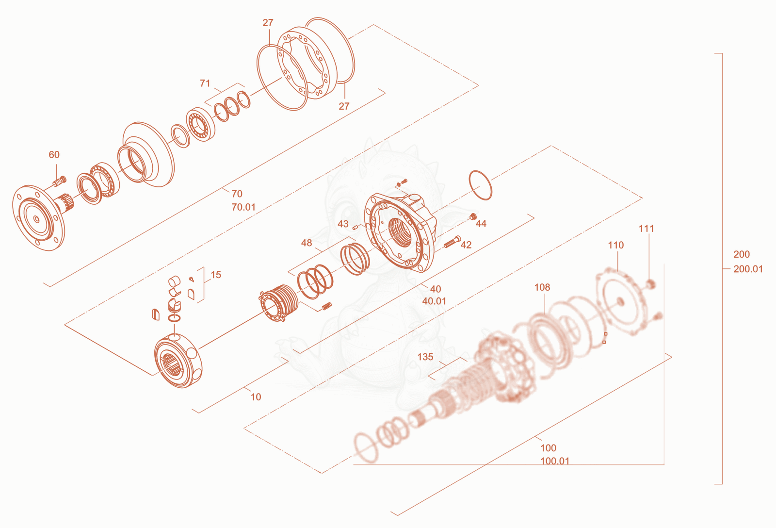 Exploded parts diagram of the gear hub motor of a Wacker Neuson RD24-100CDPF, with numbered balloons