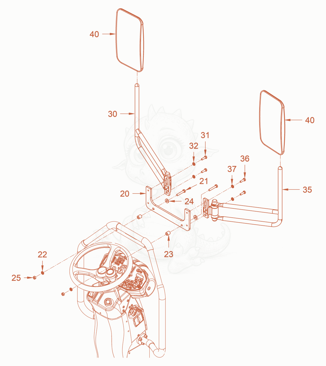 Exploded parts diagram of the additional mirror of a Wacker Neuson RD40-130CDPF, with numbered balloons
