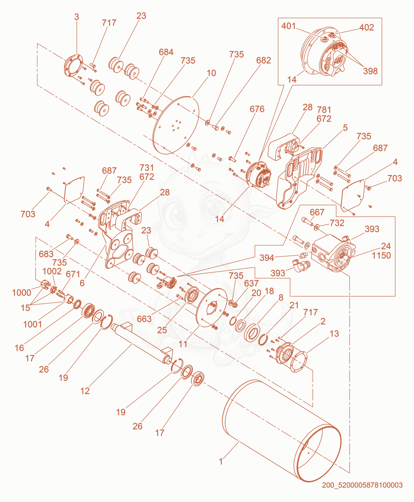 Exploded parts diagram of the Drum cpl. of a Wacker Neuson RD27-120, with numbered balloons