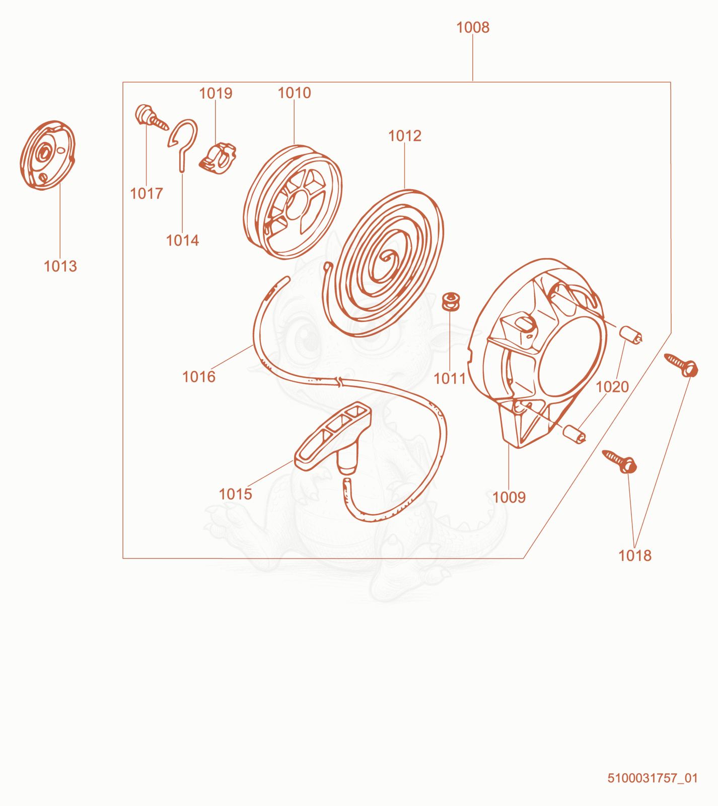 Exploded parts diagram of the Starter of a Wacker Neuson PG1, with numbered balloons