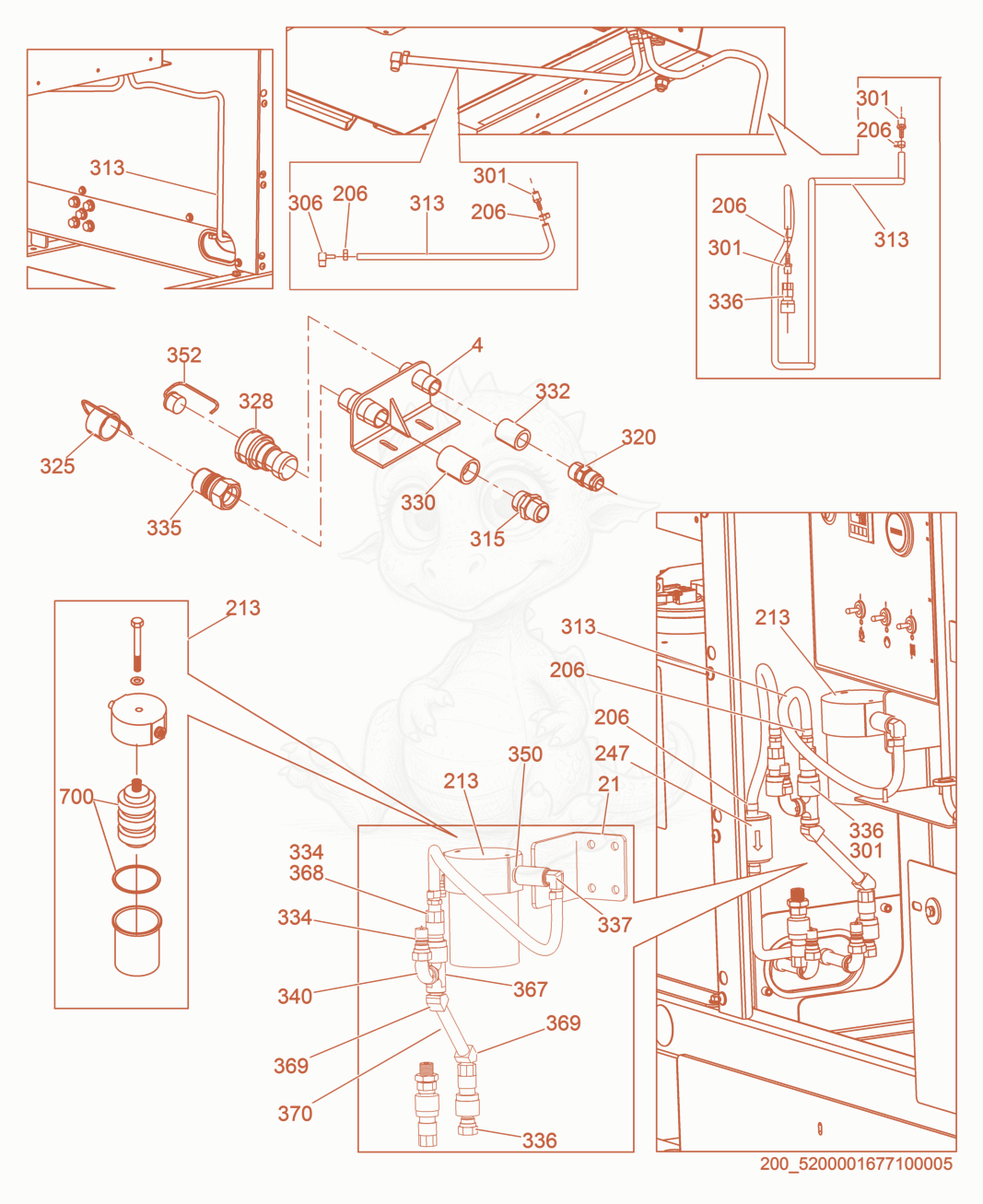 Exploded parts diagram of the Hydronic Piping cpl. - 1 of a Wacker Neuson HSH350, with numbered balloons