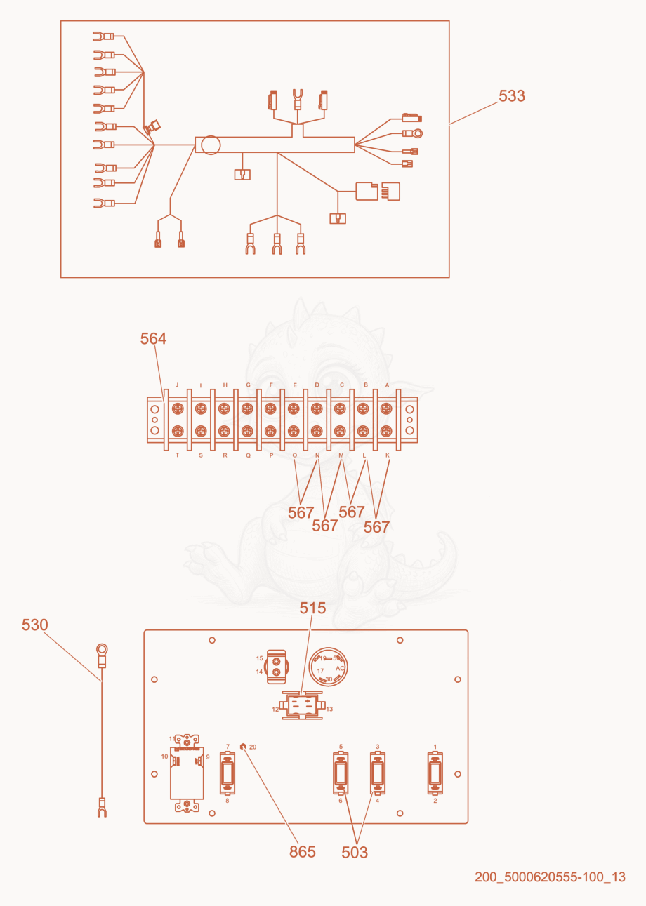 Exploded parts diagram of the Wiring Harness/Control Panel of a Wacker Neuson LTN6C, with numbered balloons