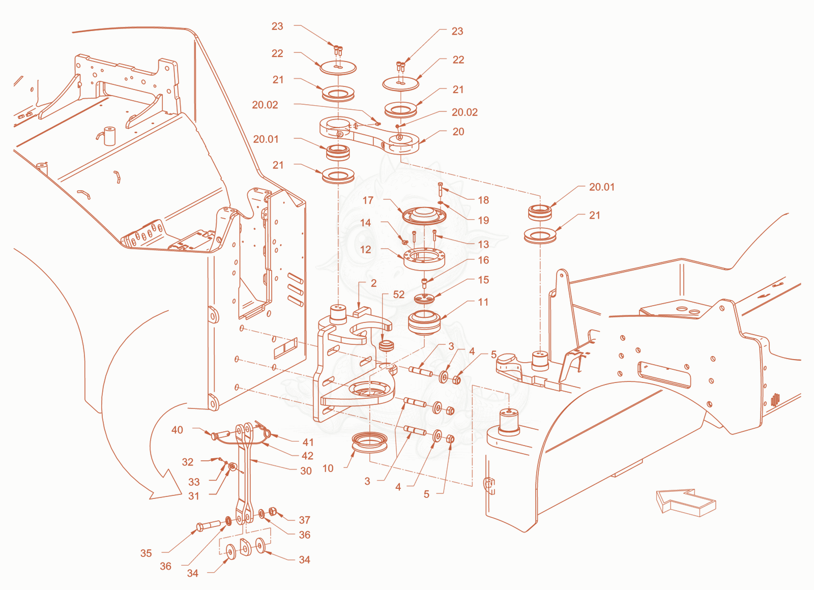 Exploded parts diagram of the Centre pivot assembly of a Wacker Neuson RD40-130, with numbered balloons