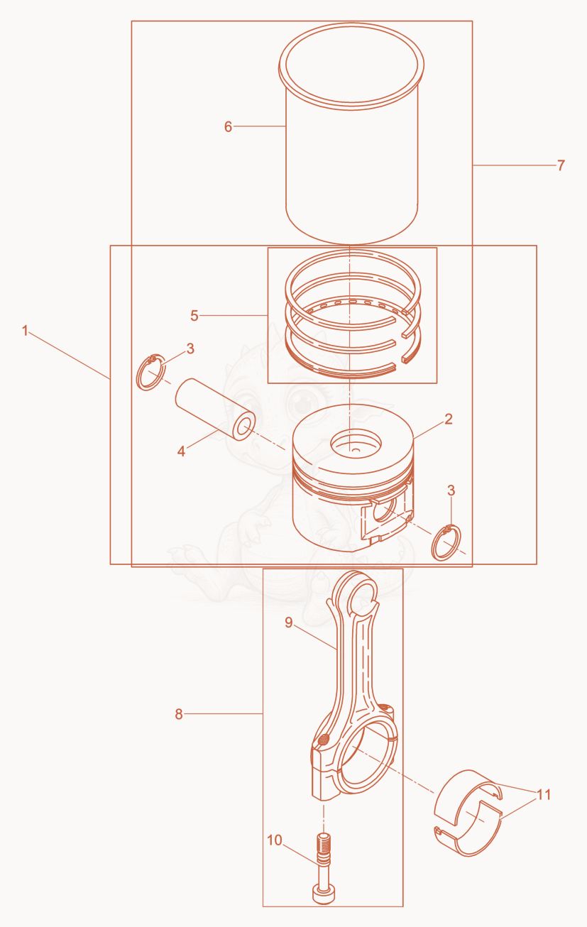 Exploded parts diagram of the Piston - Connecting rod - Cylinder of a Wacker Neuson DPS3060HV, with numbered balloons