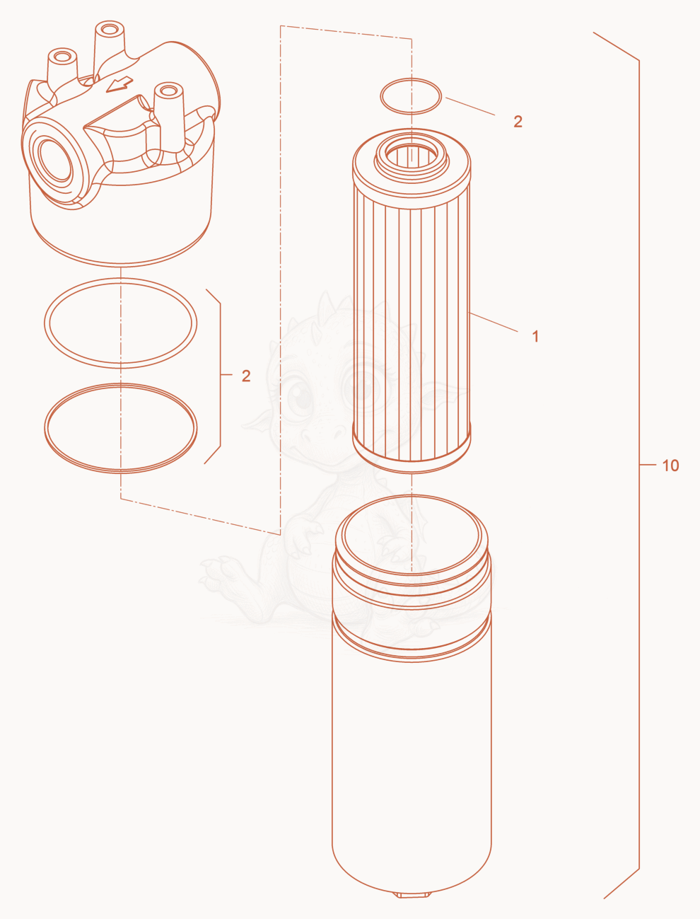 Exploded parts diagram of the filter (hydraulic oil) of a Wacker Neuson RC110, with numbered balloons