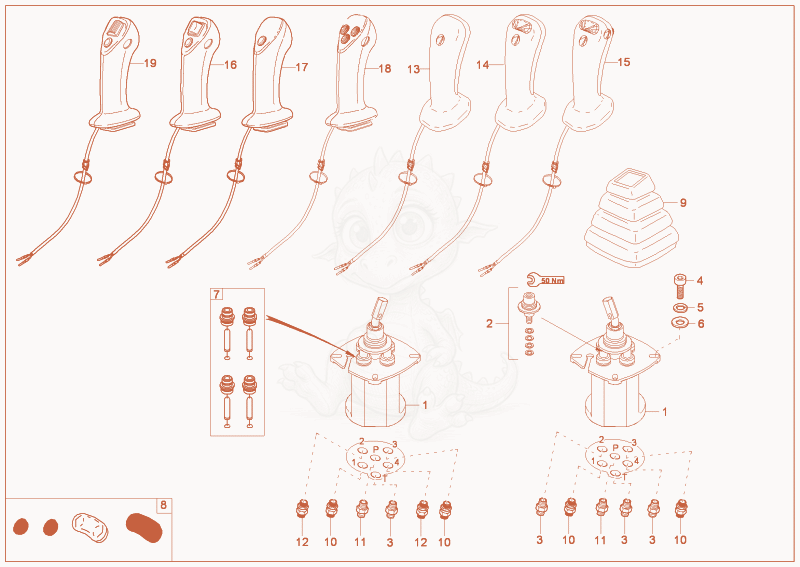 Exploded parts diagram of the joystick of a Wacker Neuson 6503-2, with numbered balloons