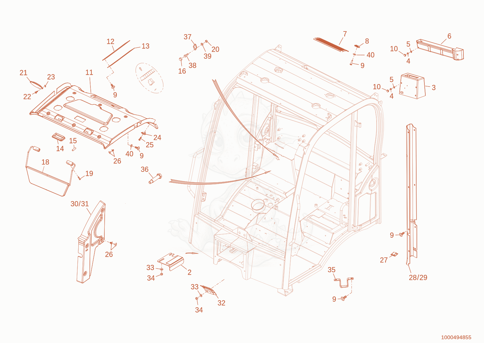 Exploded parts diagram of the cab trim of a Wacker Neuson WL60T4F, with numbered balloons