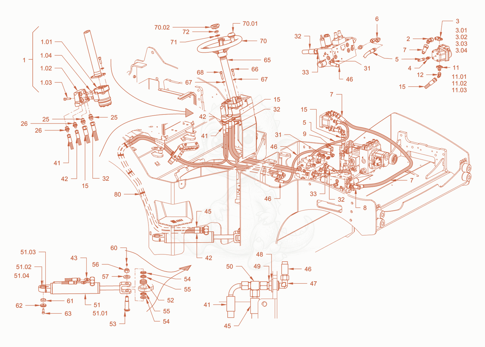 Exploded parts diagram of the steering of a Wacker Neuson RD45-140C, with numbered balloons