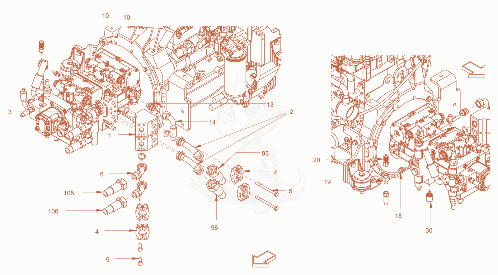 Exploded parts diagram of the advance drive of a Wacker Neuson RC110PUSROPS, with numbered balloons