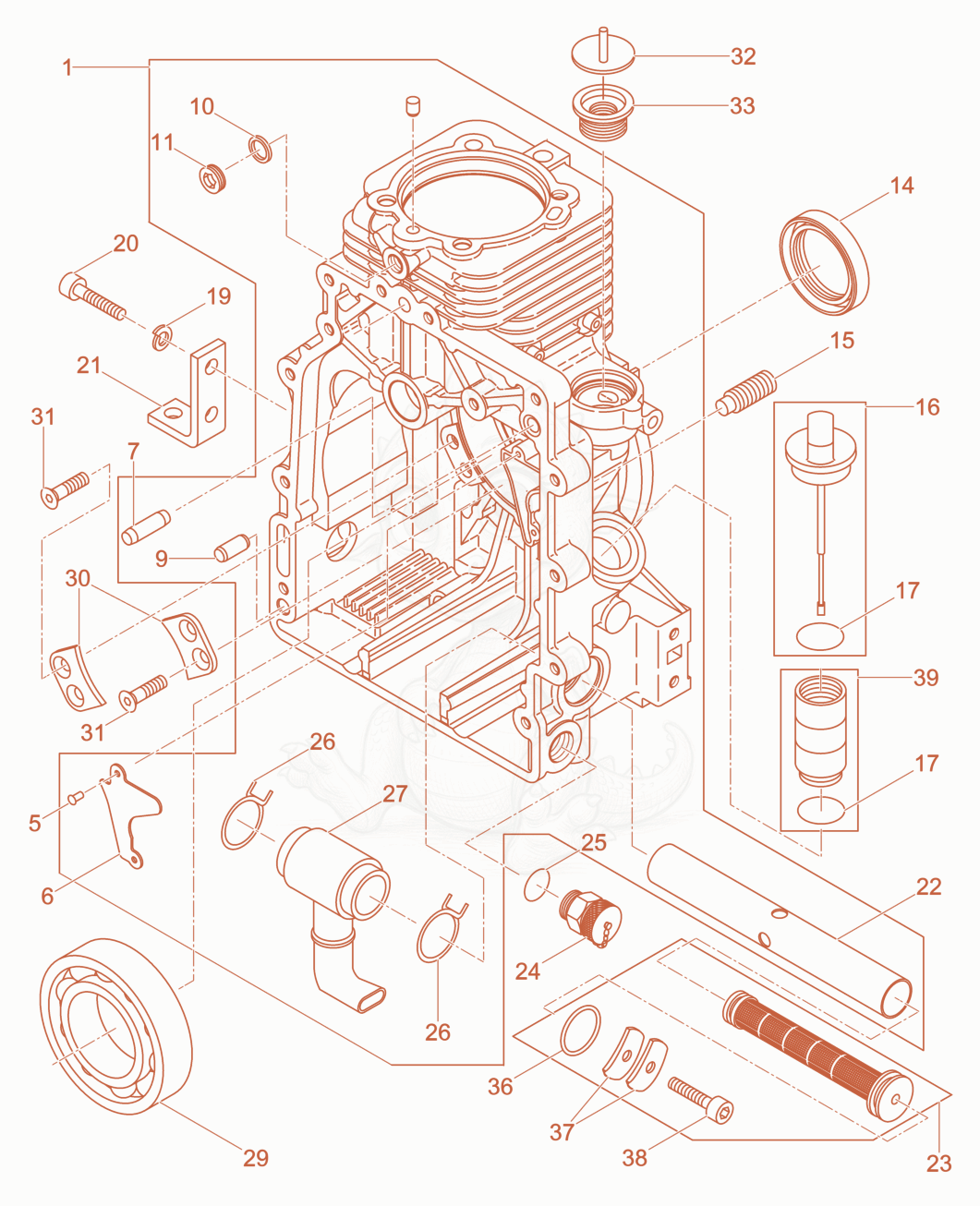 Exploded parts diagram of the Crankcase of a Wacker Neuson DPU3760HETS, with numbered balloons