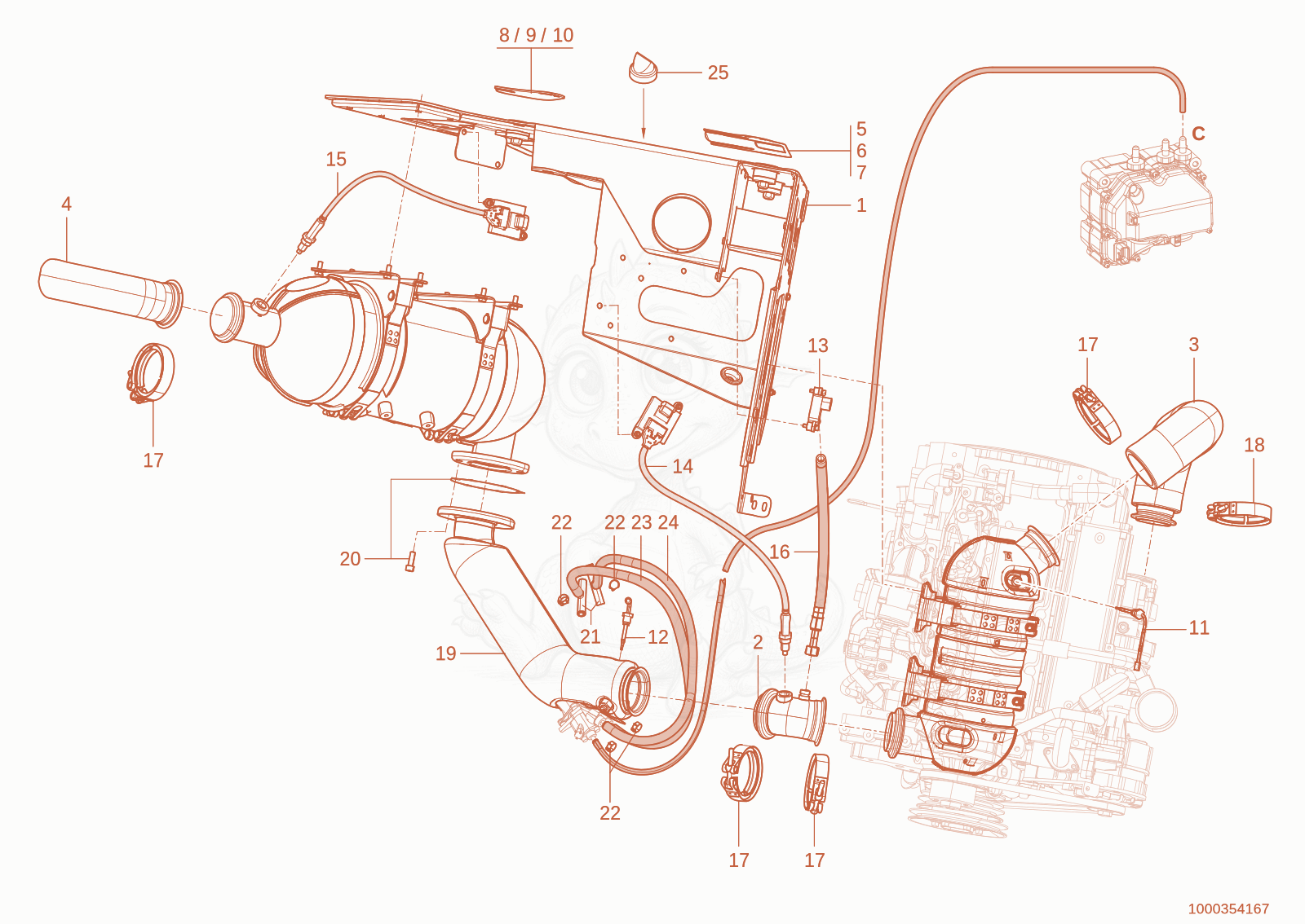 Exploded parts diagram of the exhaust system of a Wacker Neuson TH730(415-14), with numbered balloons