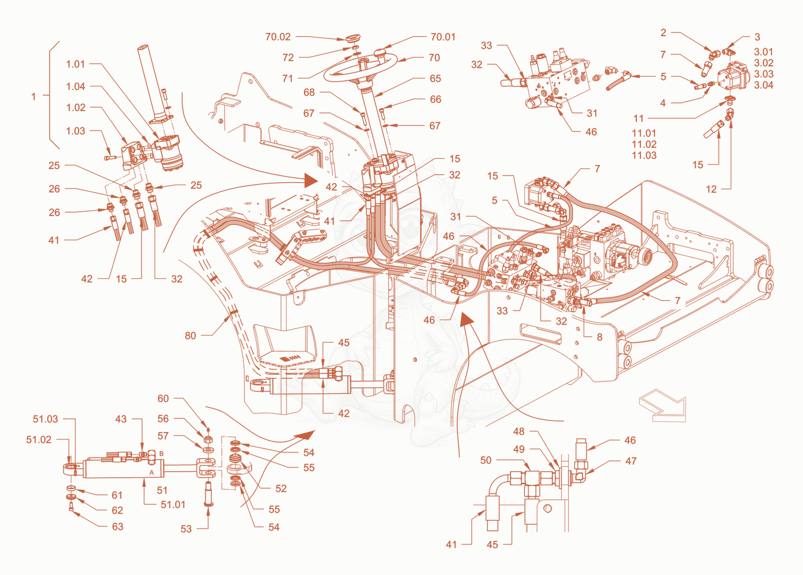 Exploded parts diagram of the steering of a Wacker Neuson RD45-140US, with numbered balloons