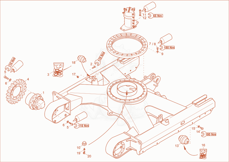 Despiece del undercarriage de una máquina Wacker Neuson EZ38, con globos numerados