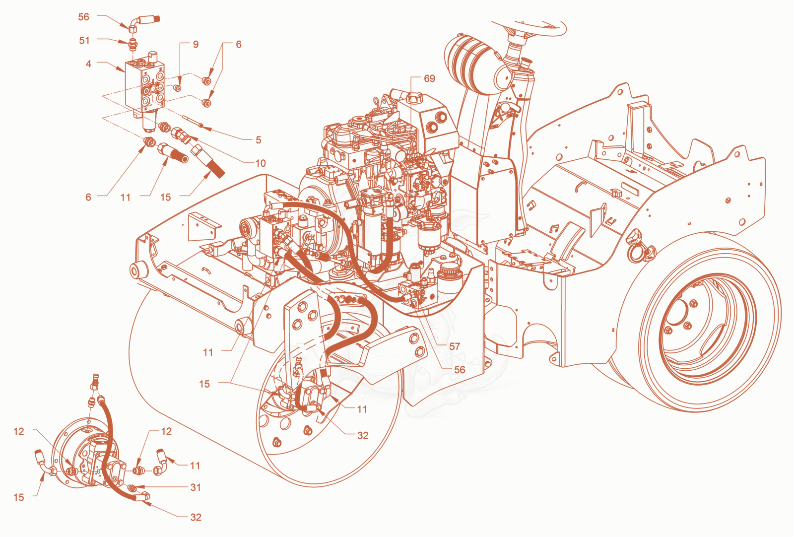 Exploded parts diagram of the vibration drive of a Wacker Neuson RD18-100C, with numbered balloons
