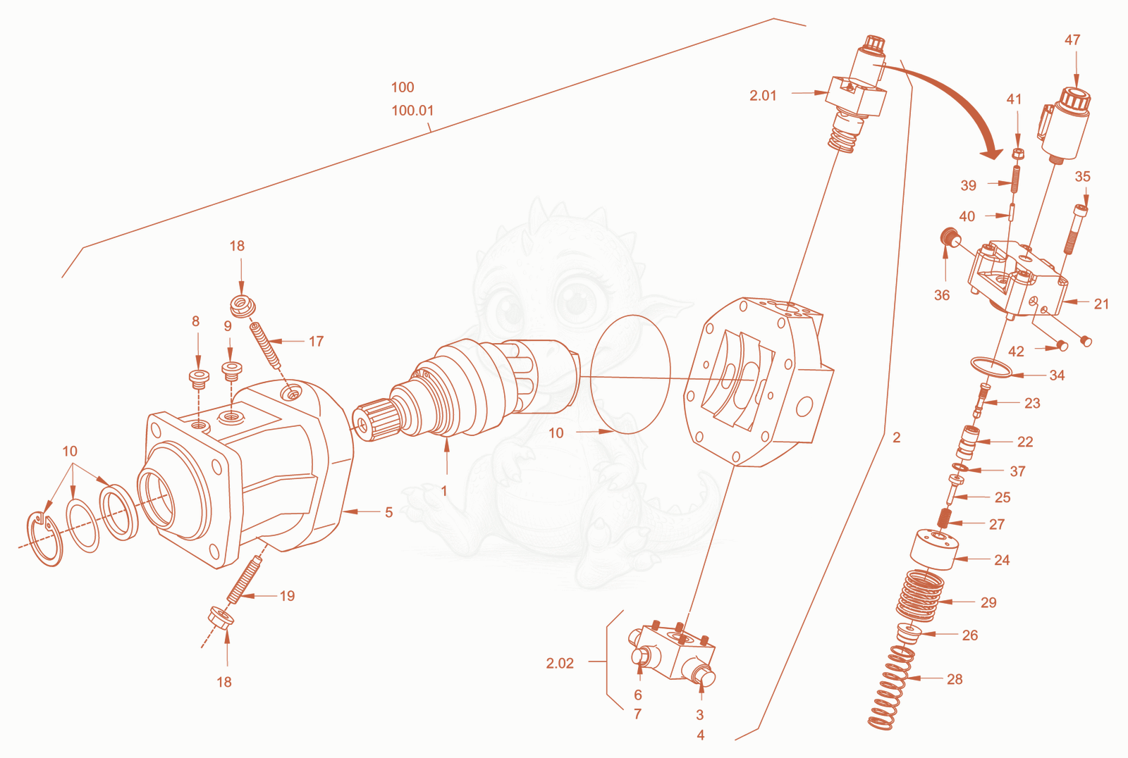 Exploded parts diagram of the variable displacement motor of a Wacker Neuson RC110PUSROPS, with numbered balloons