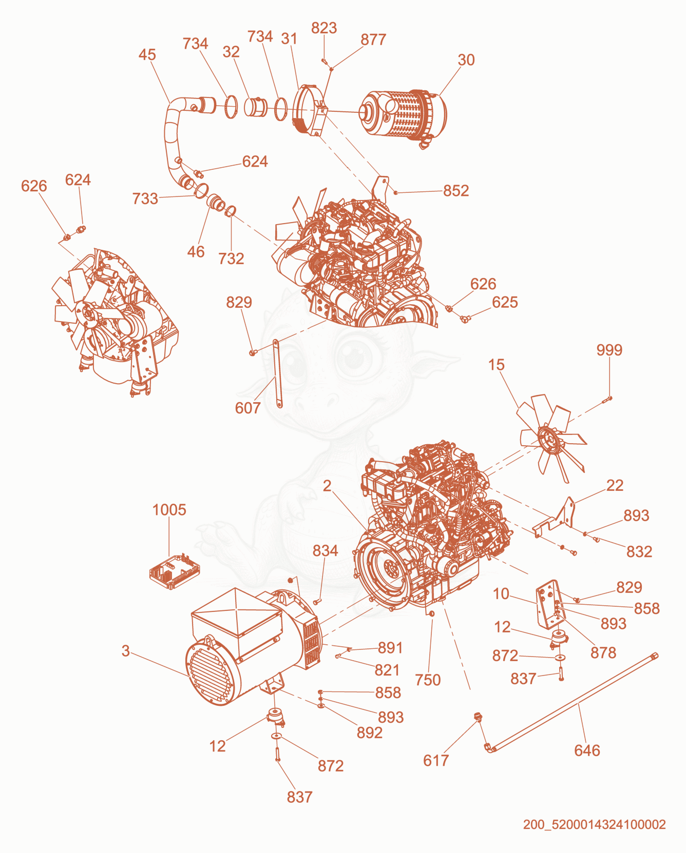 Exploded parts diagram of the Generator/Engine of a Wacker Neuson LTW20Z1, with numbered balloons