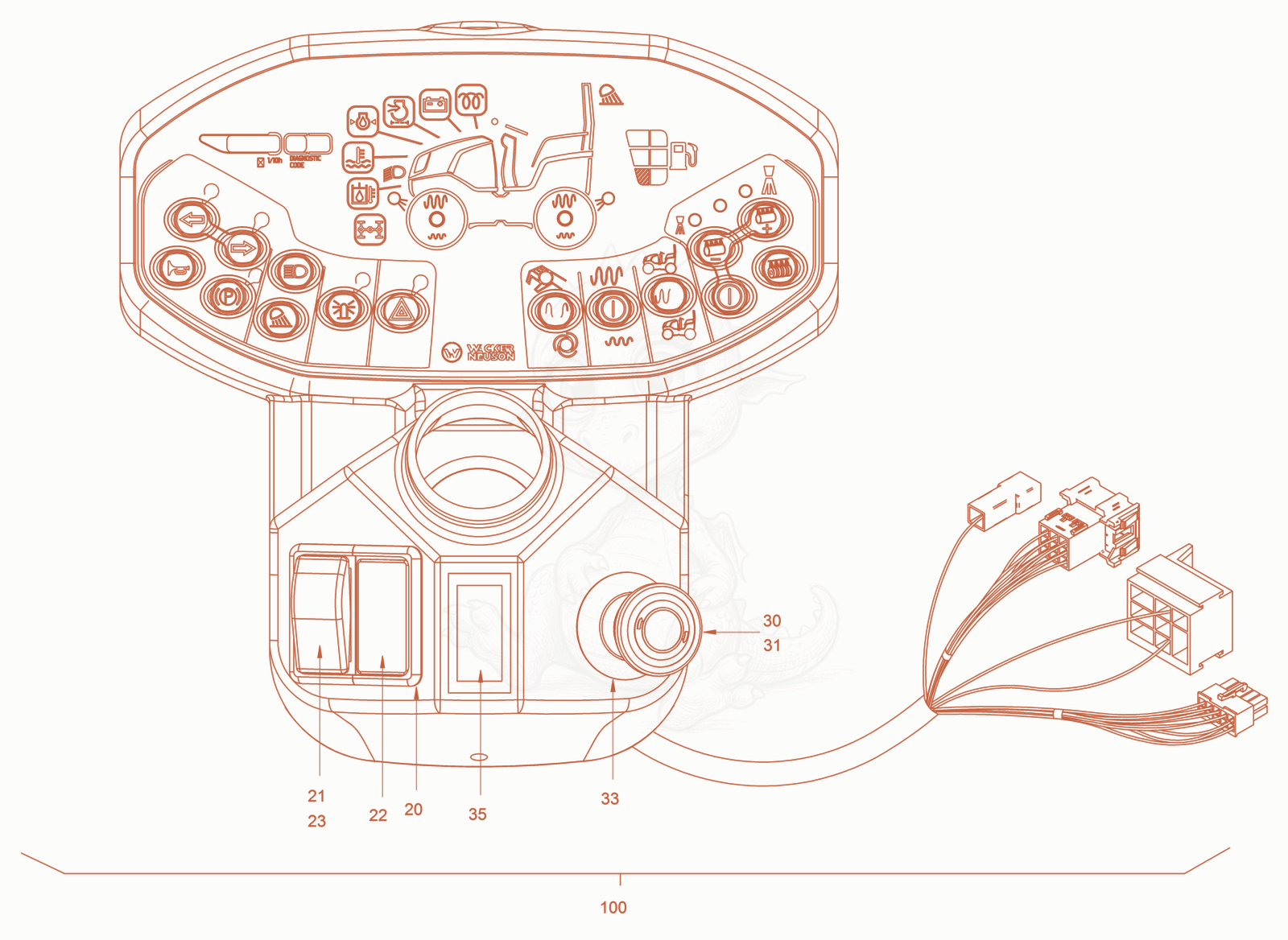 Exploded parts diagram of the instrument panel of a Wacker Neuson RD40-130OUS, with numbered balloons