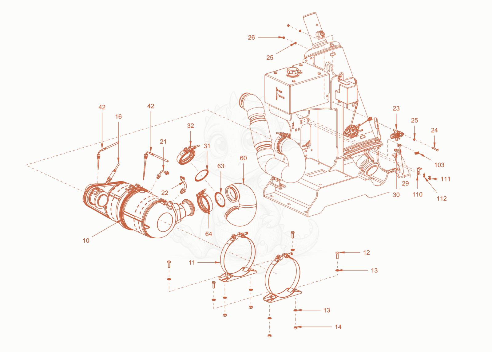 Exploded parts diagram of the exhaust aftertreatment of a Wacker Neuson RC110ROPS, with numbered balloons