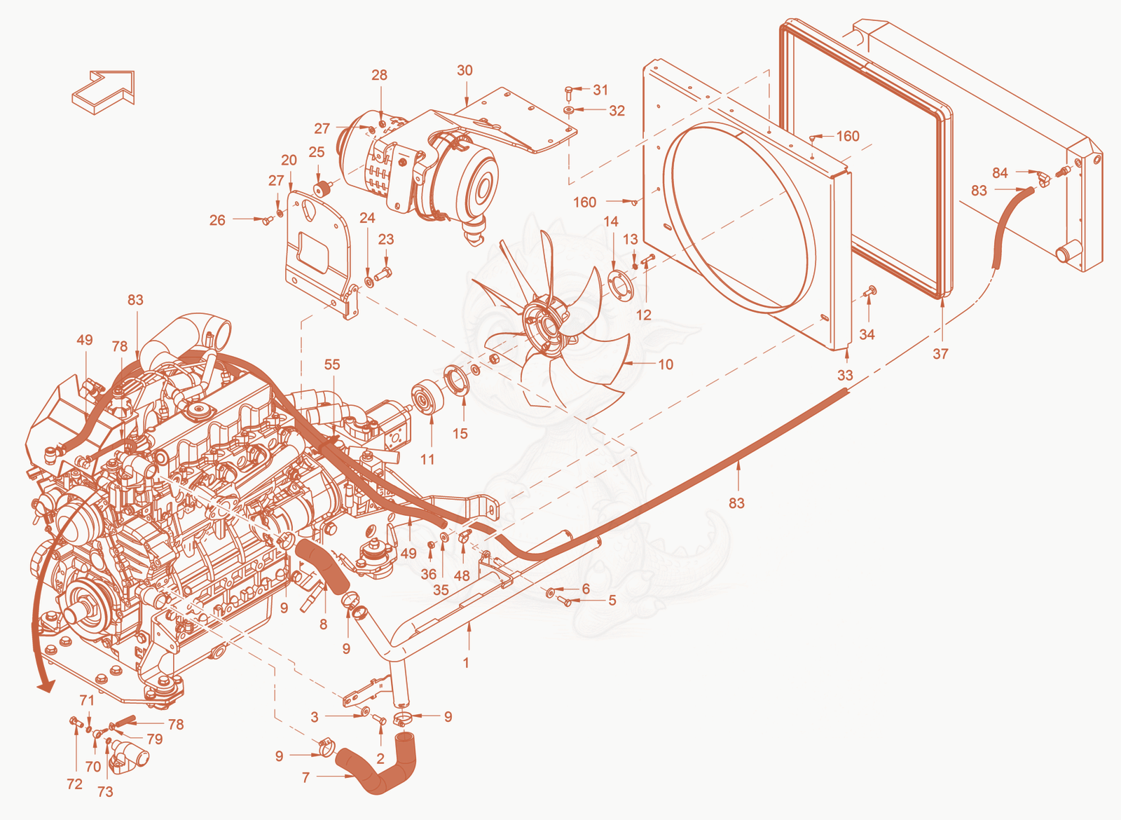Exploded parts diagram of the cooling of a Wacker Neuson RD40-130.3, with numbered balloons