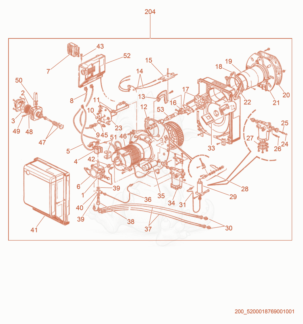 Exploded parts diagram of the Burner cpl. of a Wacker Neuson HI260, with numbered balloons