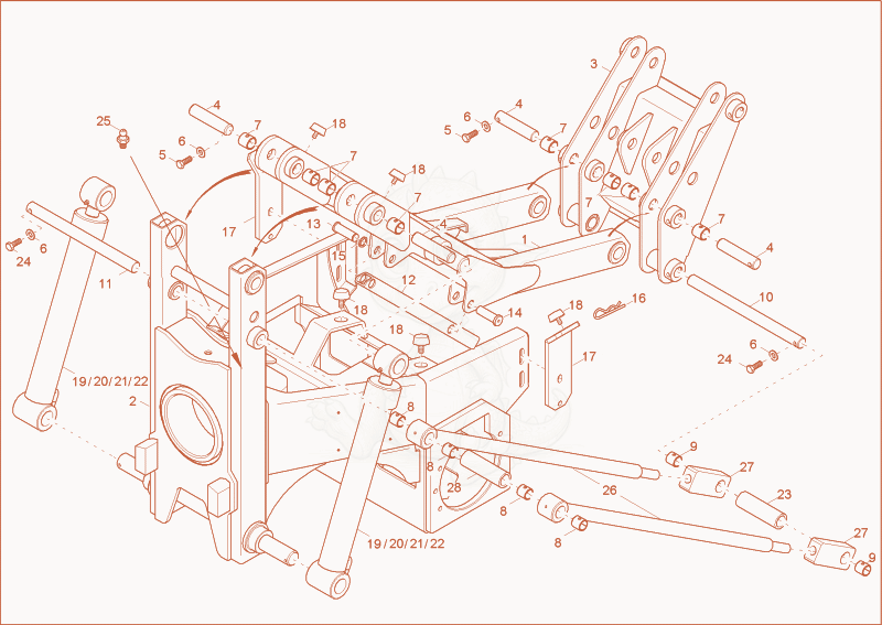 Exploded parts diagram of the front part frame of a Wacker Neuson 1001, with numbered balloons