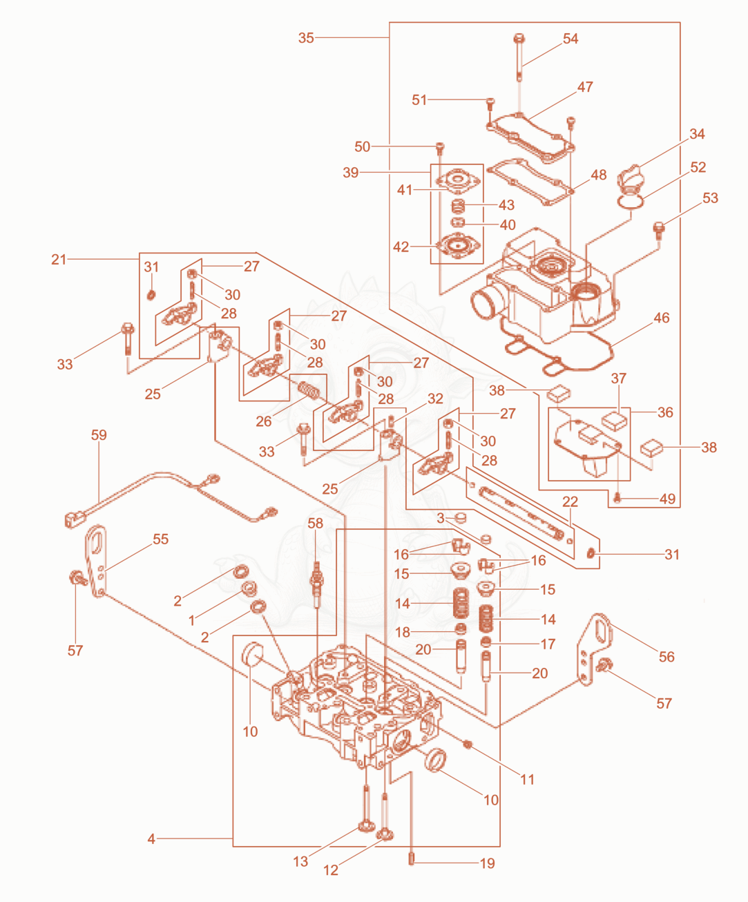 Exploded parts diagram of the Cylinder head of a Wacker Neuson LTN5YUK, with numbered balloons