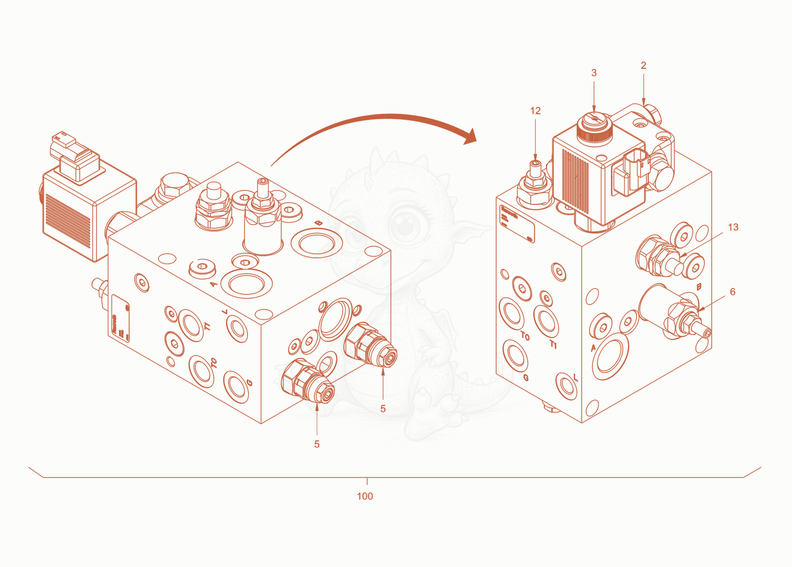 Exploded parts diagram of the feeding pressure valve of a Wacker Neuson RD24-100E, with numbered balloons