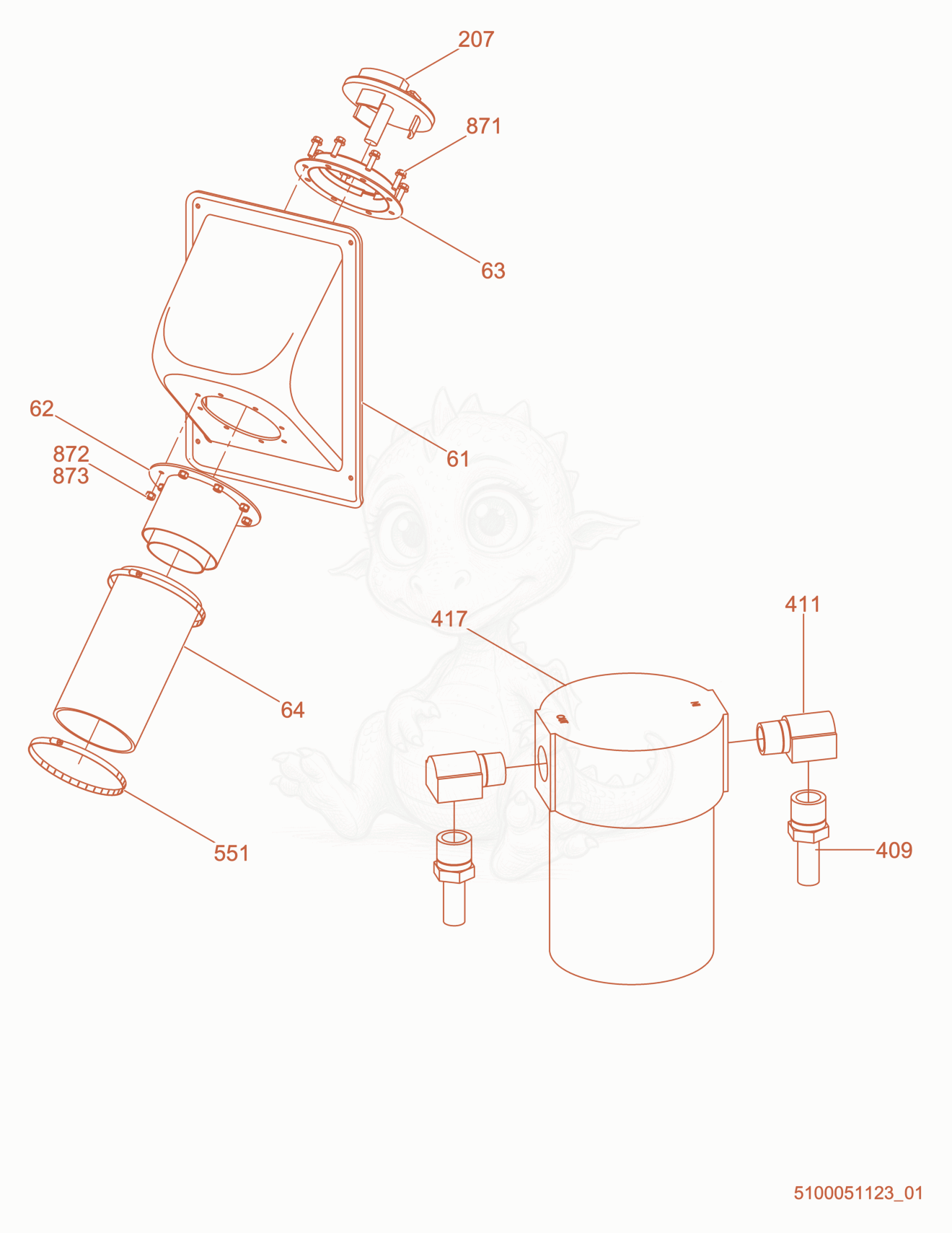 Exploded parts diagram of the Fuel Filter of a Wacker Neuson HI1000DGM, with numbered balloons