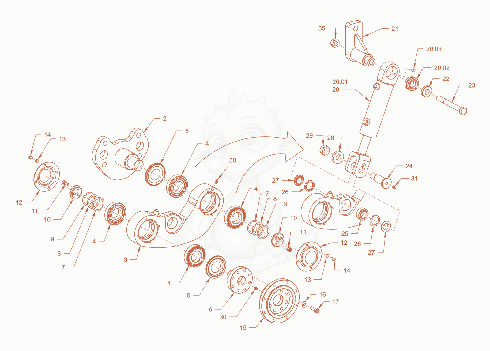Exploded parts diagram of the edge pressing and cuttingdevice of a Wacker Neuson RD40-130CDPF, with numbered balloons