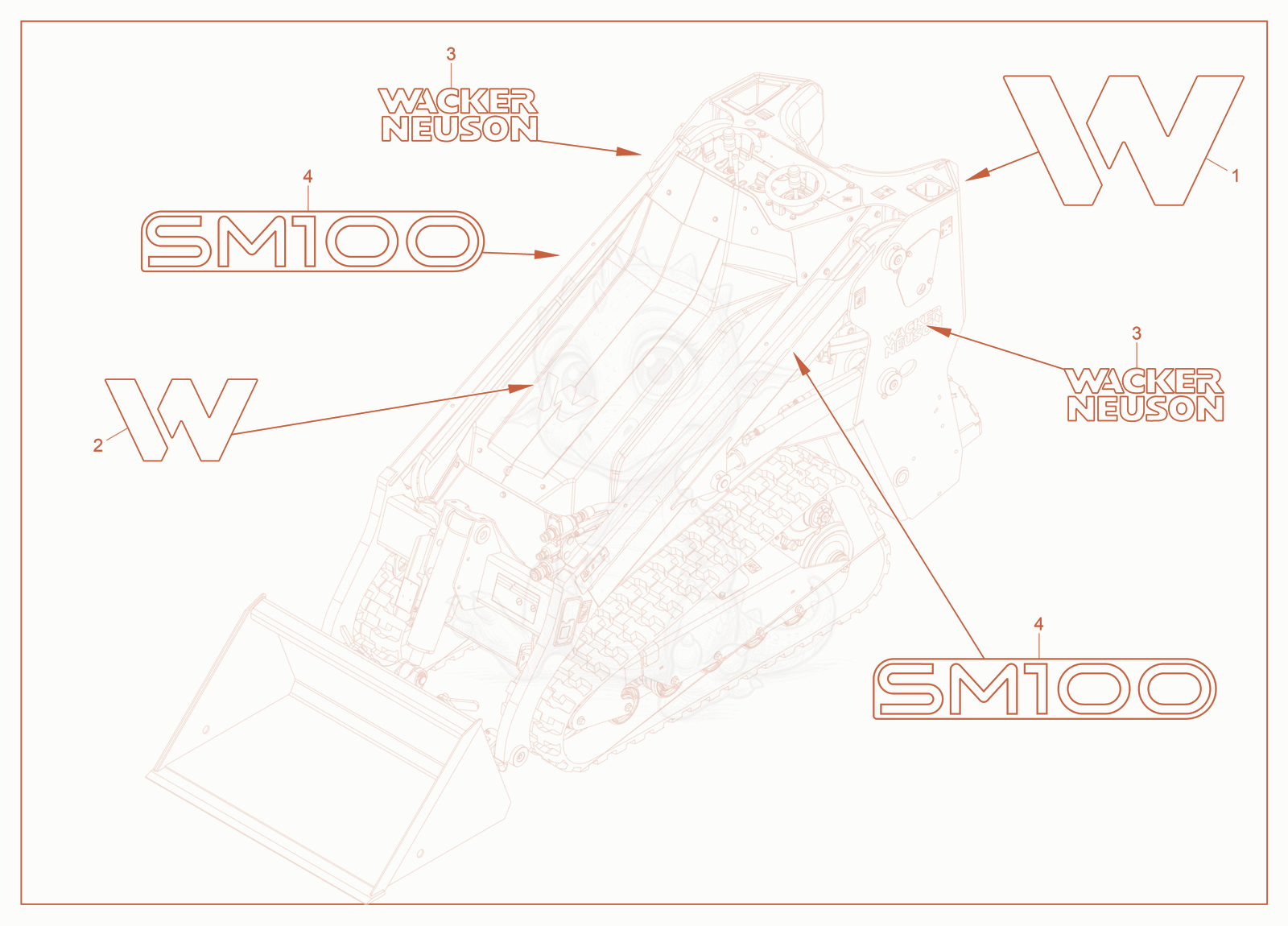 Exploded parts diagram of the Branding of a Wacker Neuson SM100, with numbered balloons