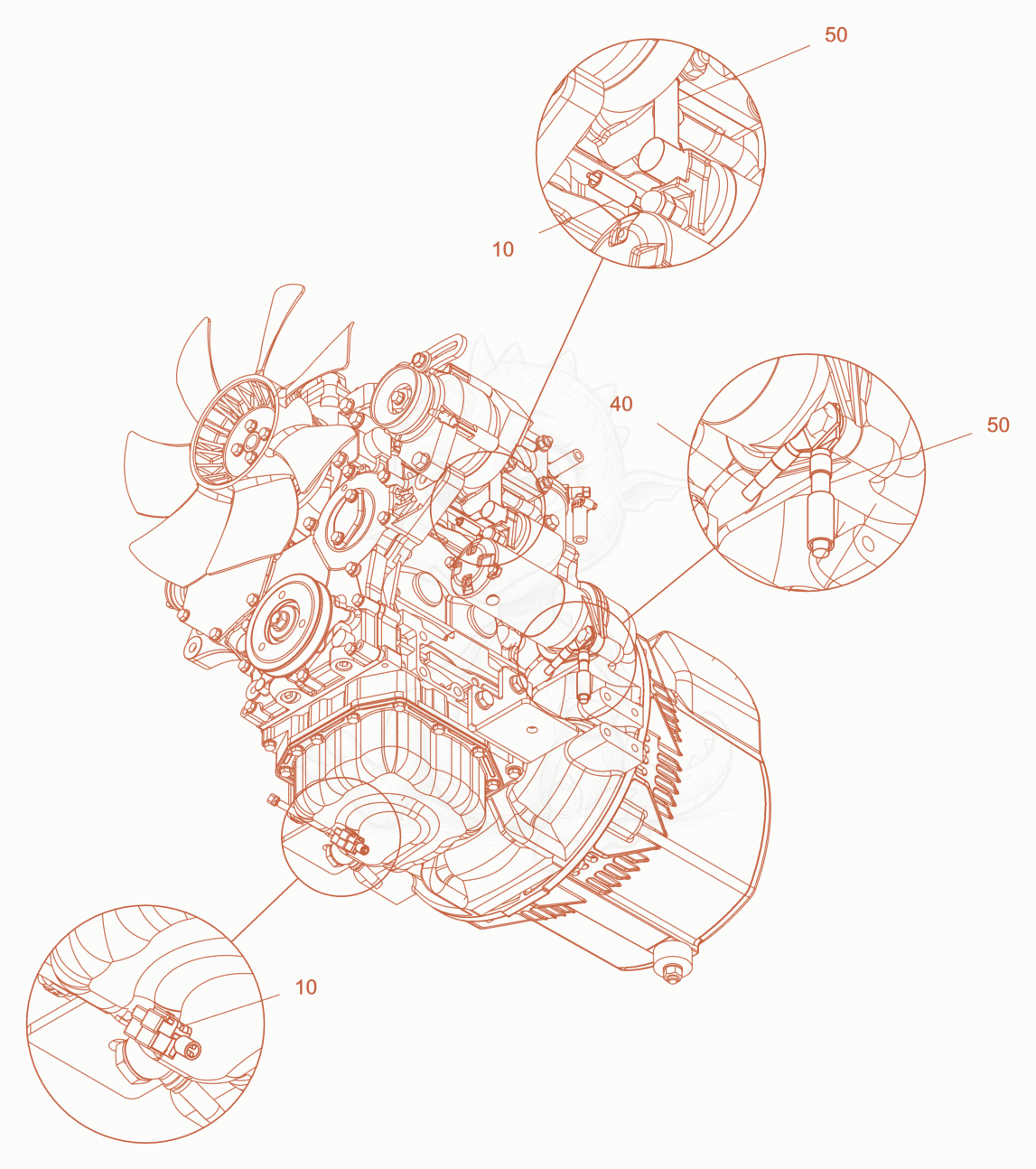 Exploded parts diagram of the cabling , engine of a Wacker Neuson LTN5YUK, with numbered balloons