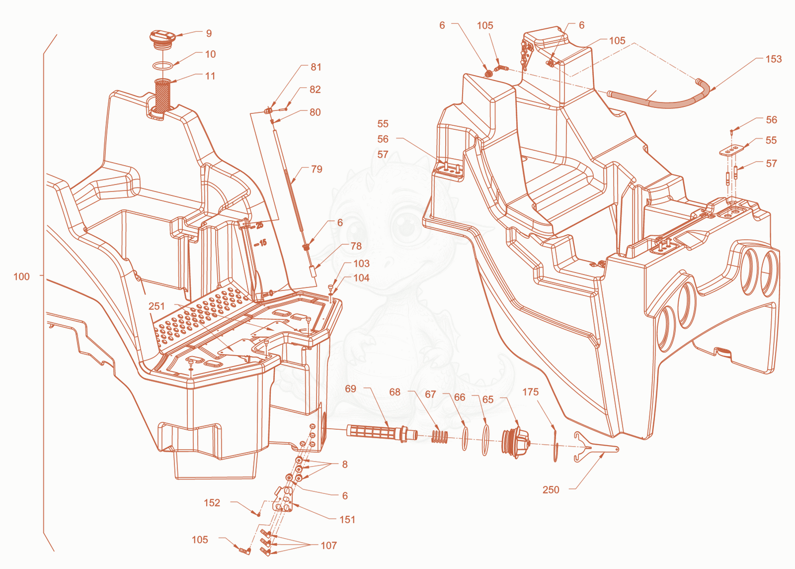 Exploded parts diagram of the sprinkling of a Wacker Neuson RD28-120DPF, with numbered balloons