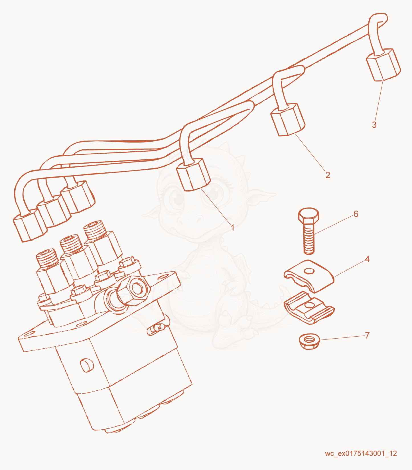 Exploded parts diagram of the Fuel Pipes of a Wacker Neuson RD27-120, with numbered balloons