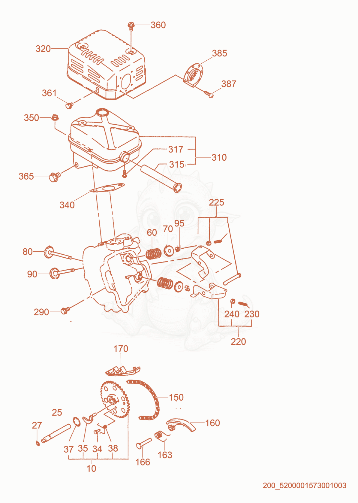 Despiece del Muffler/Intake/Exhaust Valves de una máquina Wacker Neuson PT3, con globos numerados