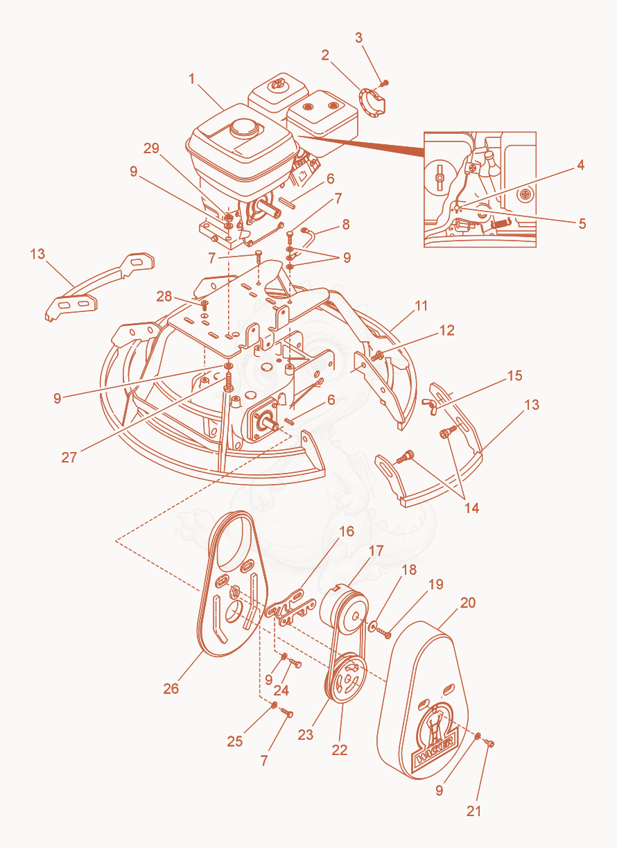 Despiece del Drive System/Engine de una máquina Wacker Neuson CT30AGT-E, con globos numerados