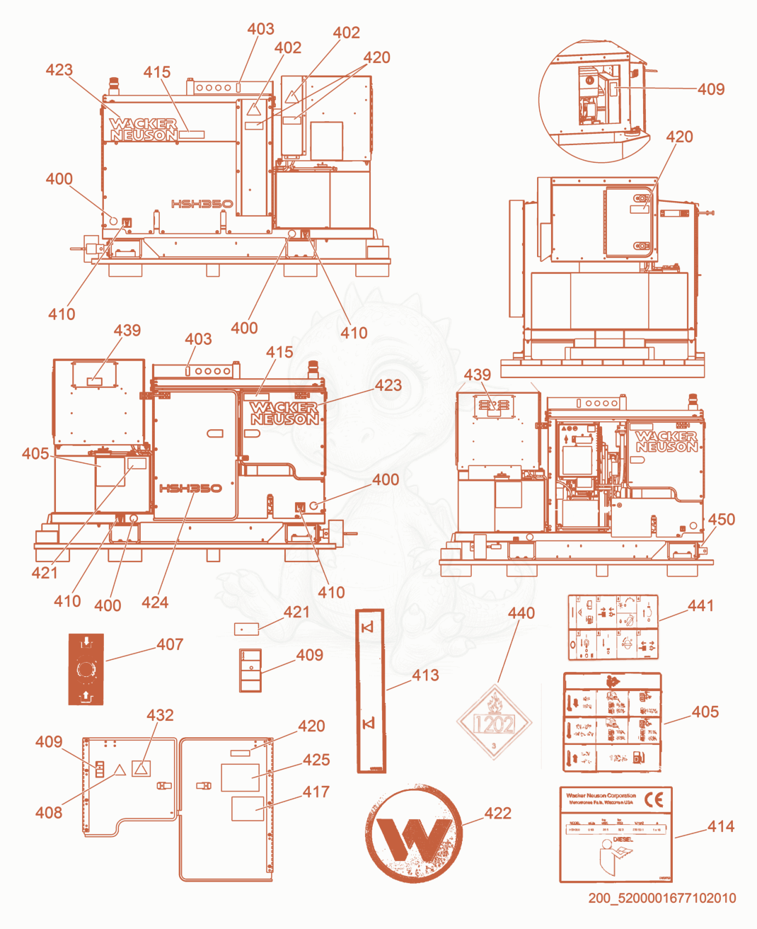 Exploded parts diagram of the Labels of a Wacker Neuson HSH350, with numbered balloons