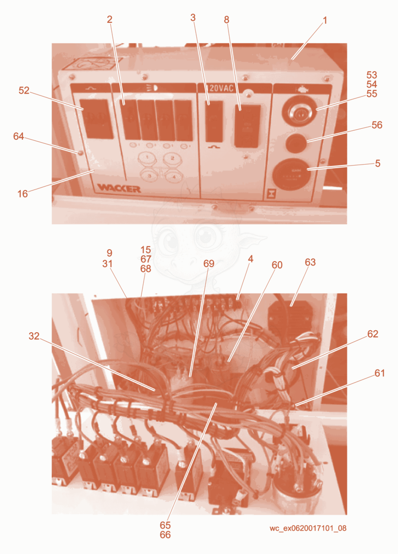 Exploded parts diagram of the Control Box cpl. of a Wacker Neuson LTC4C, with numbered balloons