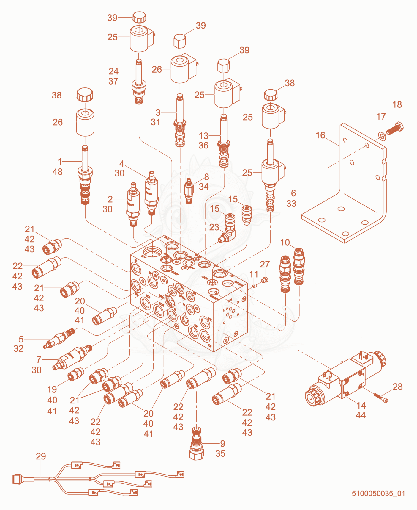 Exploded parts diagram of the Hydraulic Manifold of a Wacker Neuson RTKX-SC3, with numbered balloons