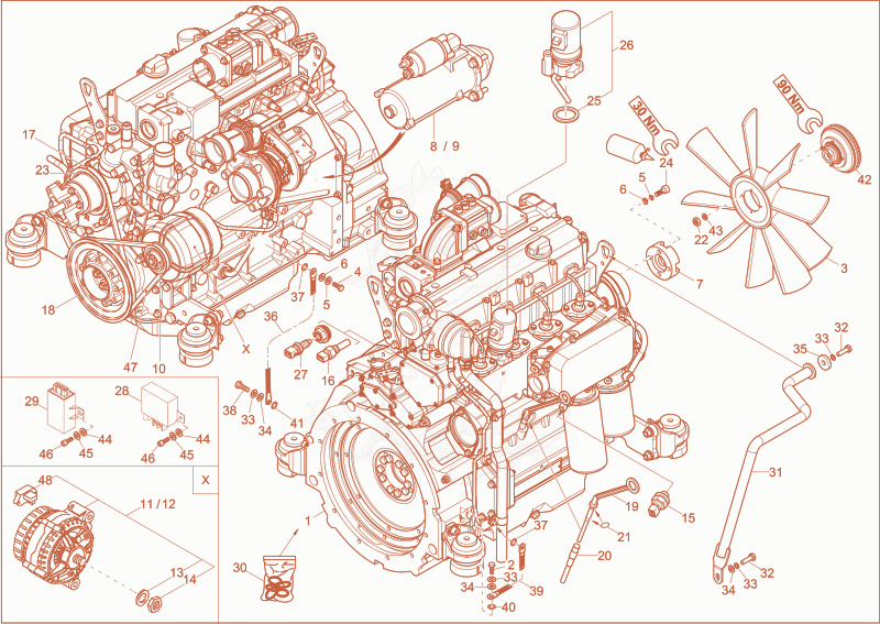 Exploded parts diagram of the diesel engine of a Wacker Neuson 14504, with numbered balloons