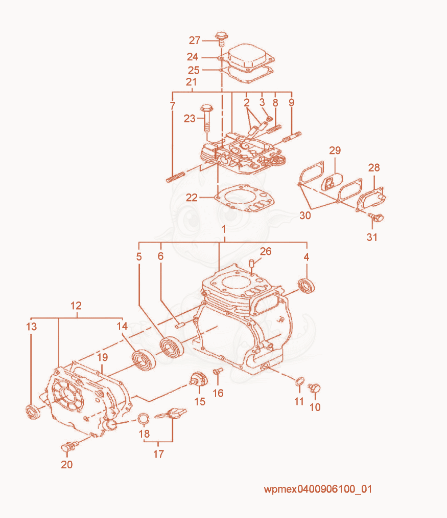 Despiece del Crankcase de una máquina Wacker Neuson VP60HW, con globos numerados
