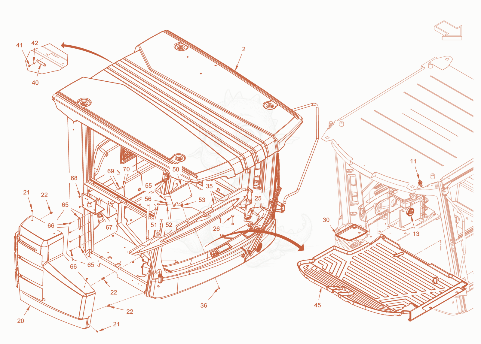 Exploded parts diagram of the driver's cabin of a Wacker Neuson RC110ROPS, with numbered balloons