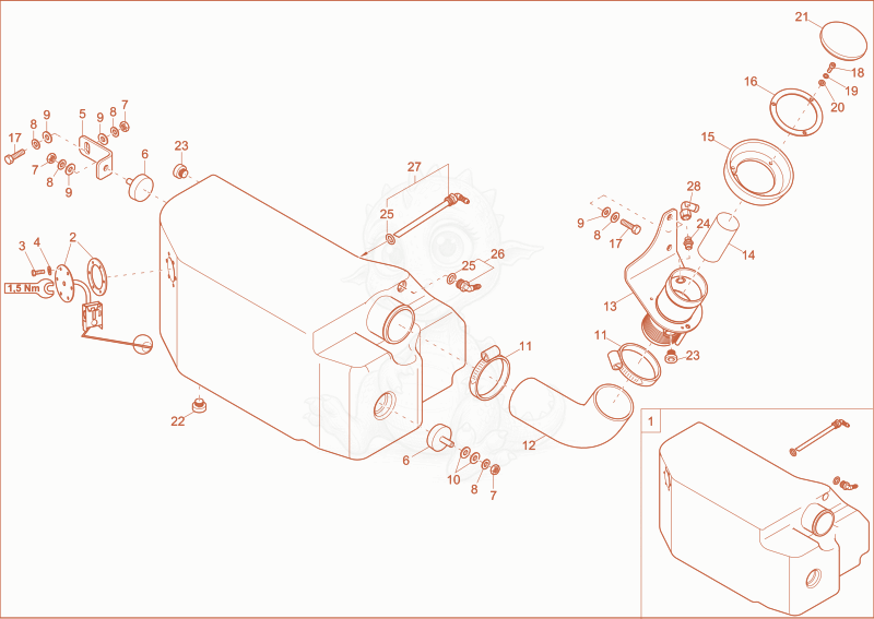 Exploded parts diagram of the DIESEL TANK plastic of a Wacker Neuson 38Z3, with numbered balloons