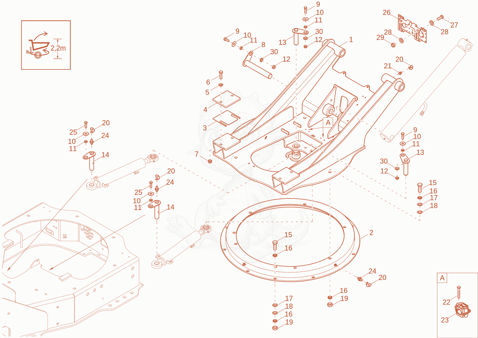 Exploded parts diagram of the SWING BRACKET (OPTION) of a Wacker Neuson DW20-2, with numbered balloons
