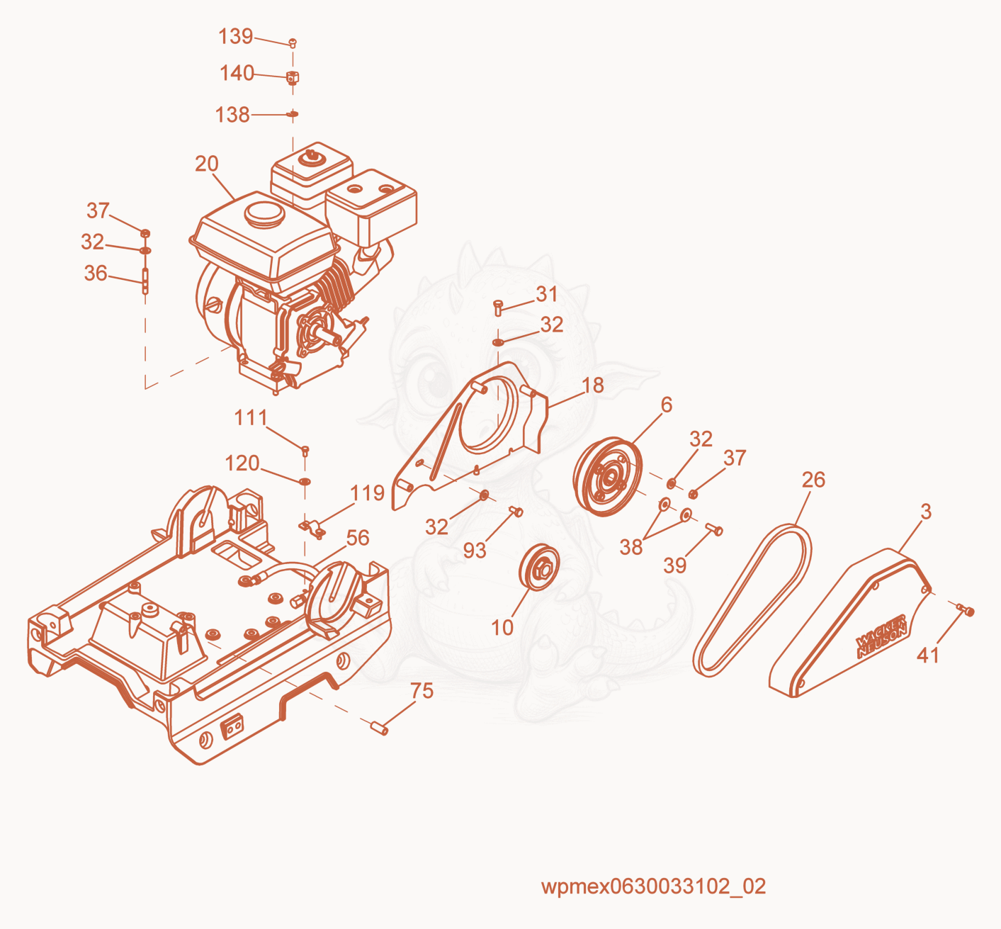 Exploded parts diagram of the Beltguard/Clutch of a Wacker Neuson WPU1550AW, with numbered balloons