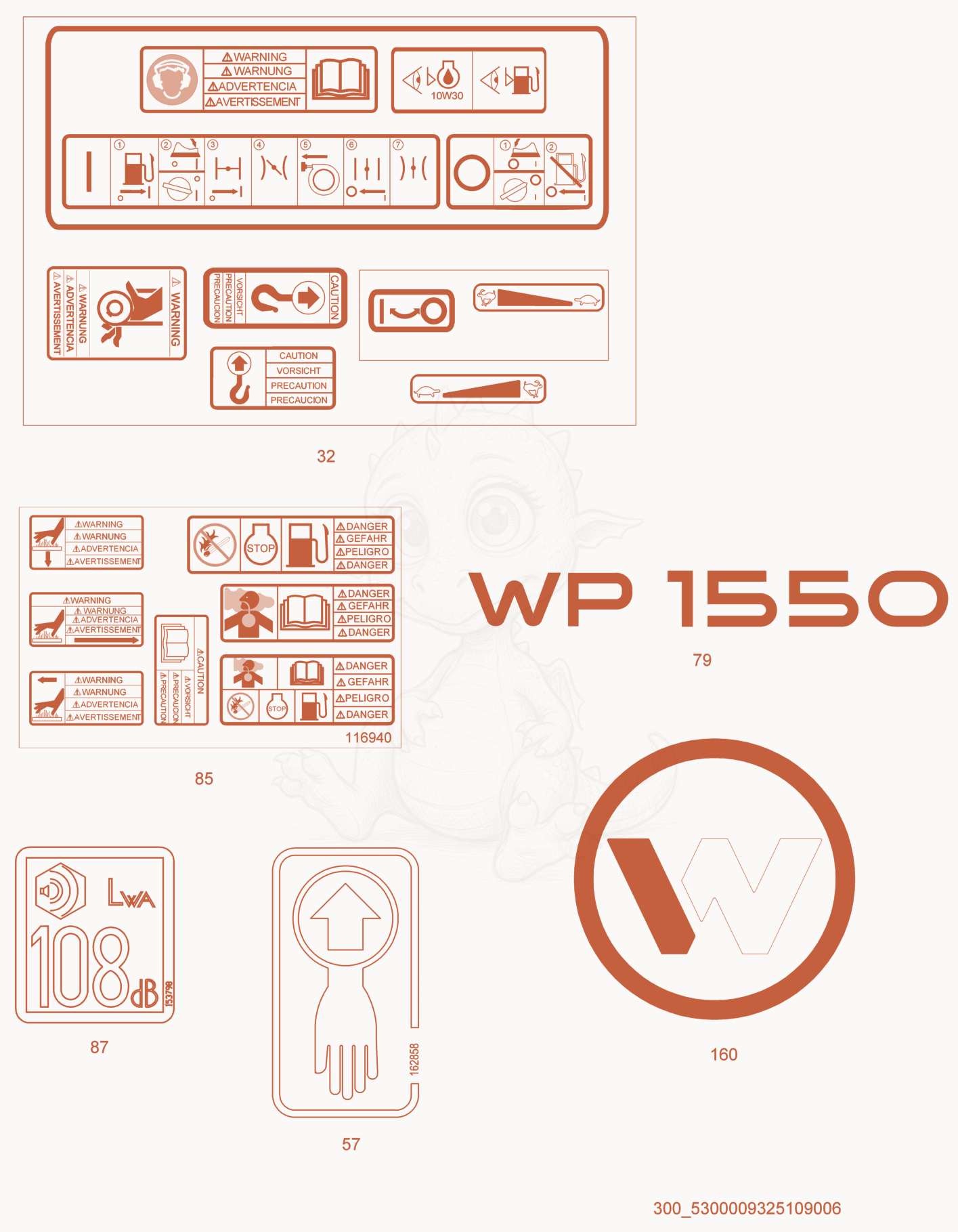 Despiece del Labels de una máquina Wacker Neuson WP1550AW, con globos numerados